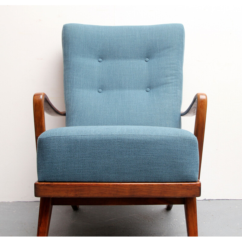 Vintage german armchair in blue fabric and walnut 1950