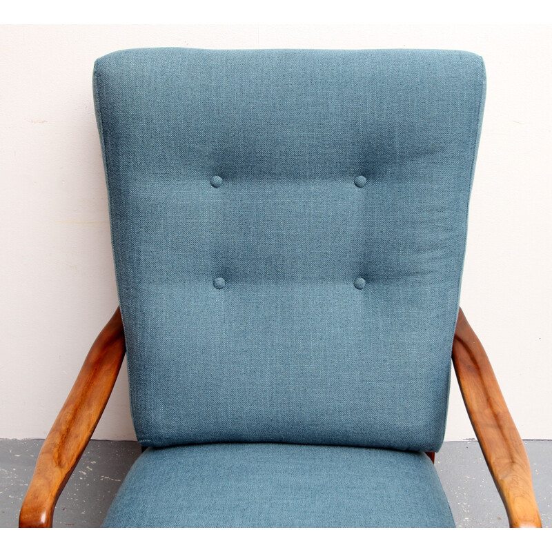 Vintage german armchair in blue fabric and walnut 1950