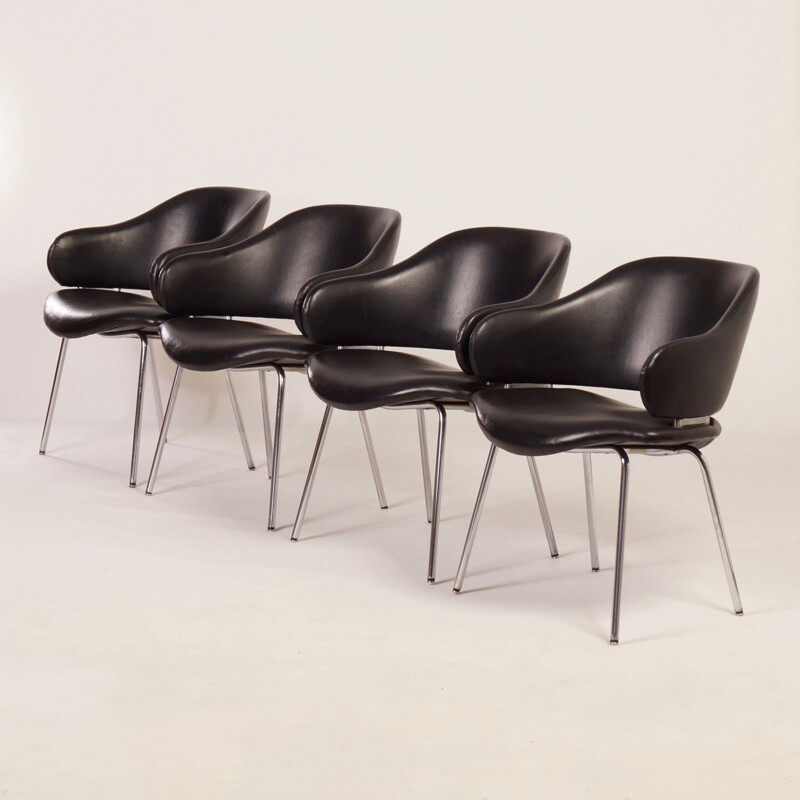 Set of 4 vintage black leather armchairs by Geoffrey Harcourt for Artifort 1960s