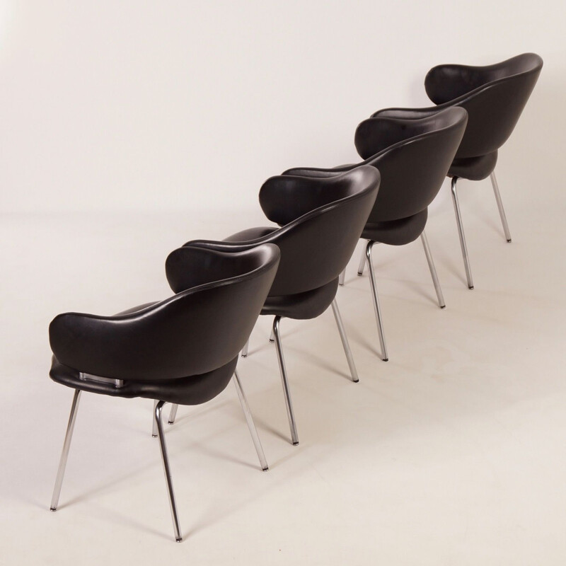 Set of 4 vintage black leather armchairs by Geoffrey Harcourt for Artifort 1960s