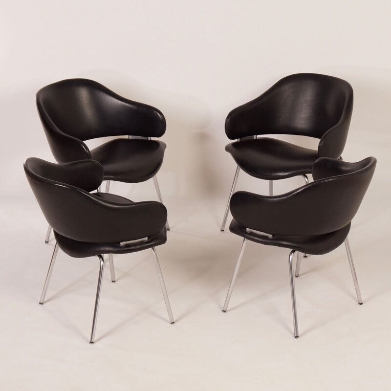 Set of 4 vintage black leather armchairs by Geoffrey Harcourt for Artifort 1960s