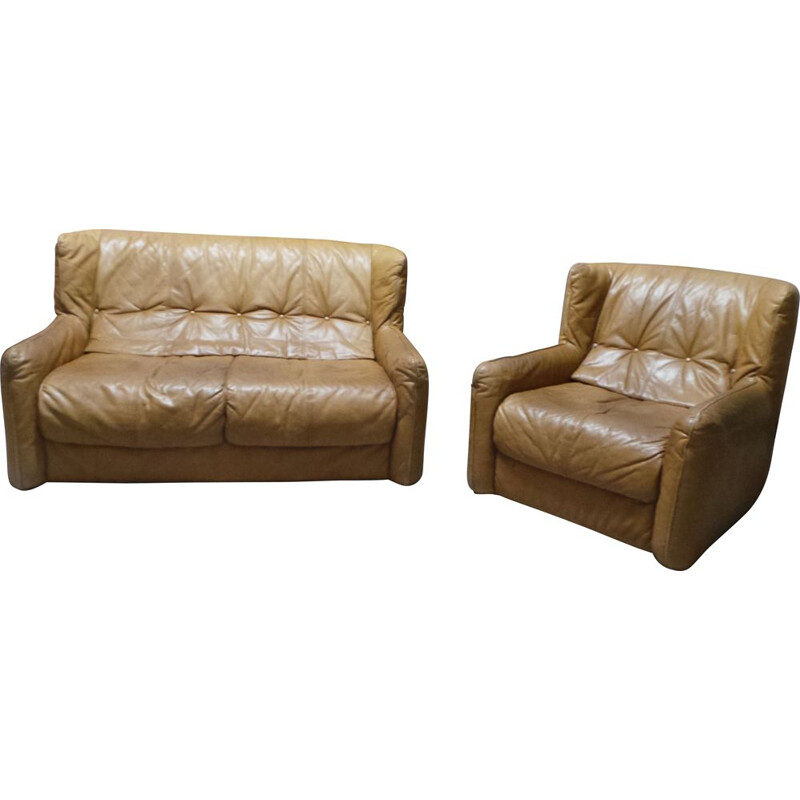 Canapé 2 places vintage en cuir marron et son fauteuil 1980