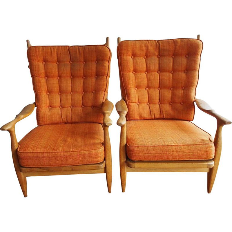 Pair of vintage orange armchairs 'Edouard' by Guillerme and Chambron