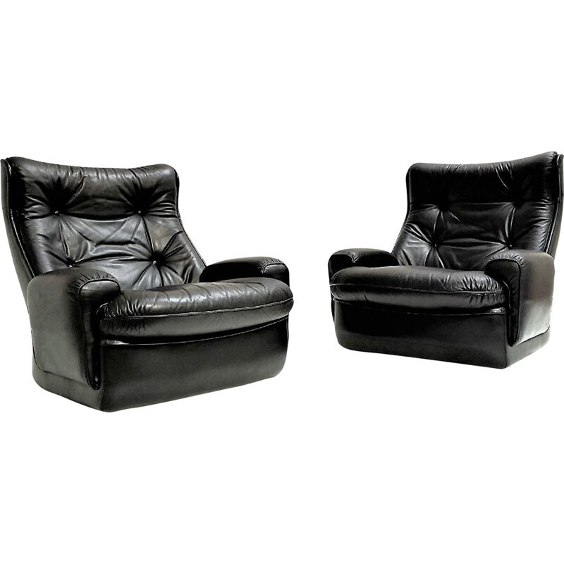 Pair of vintage black leather 'Orchid' armchairs by Michel Cadestin 