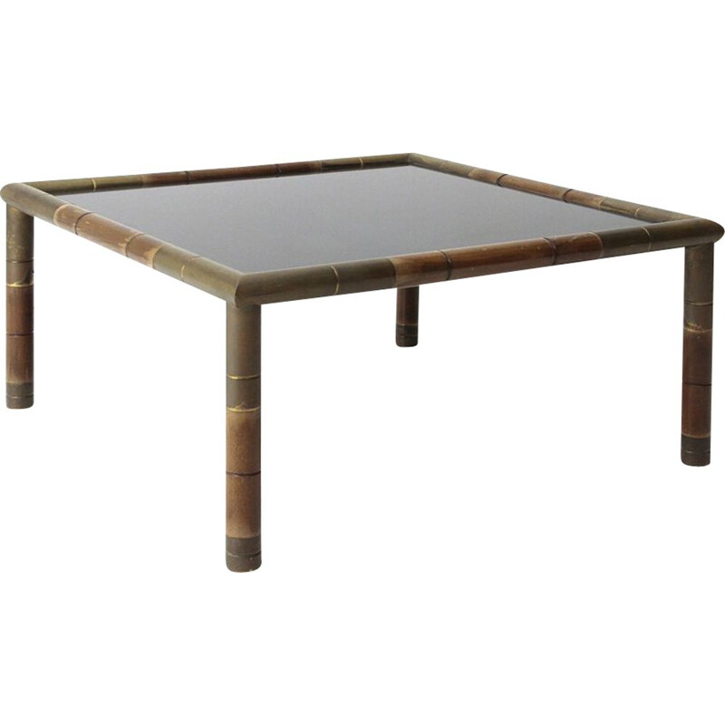 Vintage wood and brass coffee table, Italy 1970