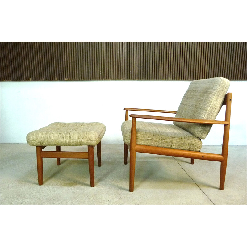 Vintage armchair with its Danish teak & wool footrest by Grete Jalk for Cado,1960