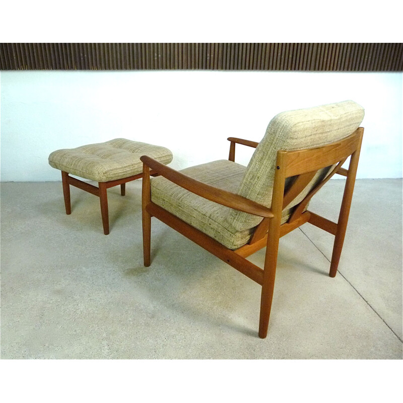 Fauteuil vintage avec son repose pied Danois en teck & laine par Grete Jalk pour Cado,1960