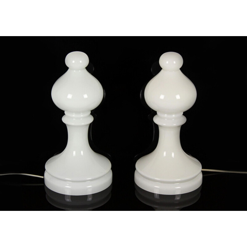 Set of 2 vintage table lamps Bishop Chess in glass by Ivan Jakes for Osvětlovací Sklo Valašské Meziříčí 1970s