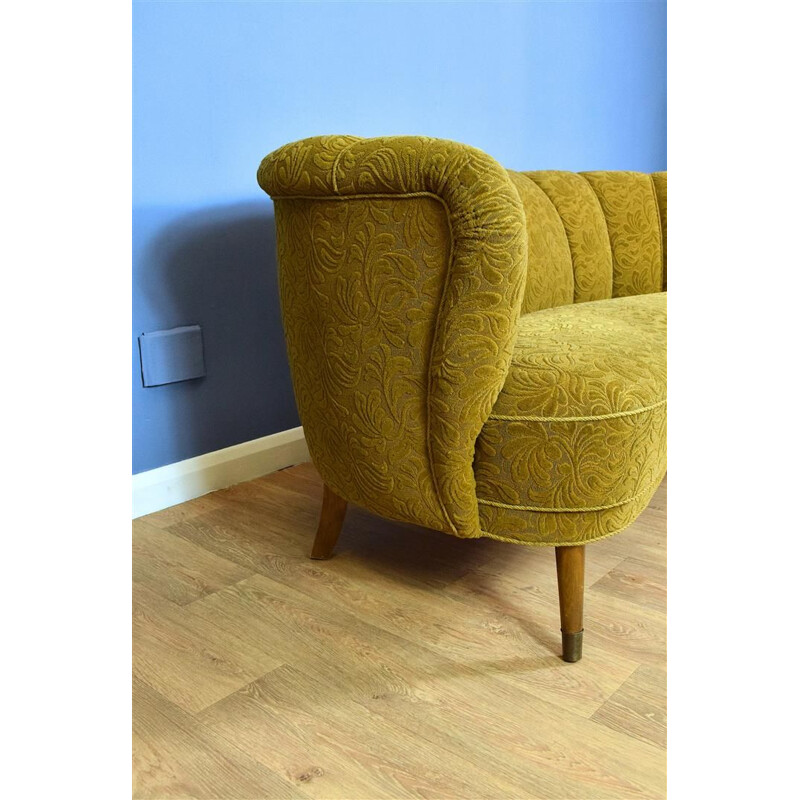 Vintage danish 2-seat Banana sofa in yellow velvet and beechwood 1940