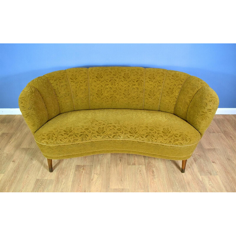 Vintage danish 2-seat Banana sofa in yellow velvet and beechwood 1940