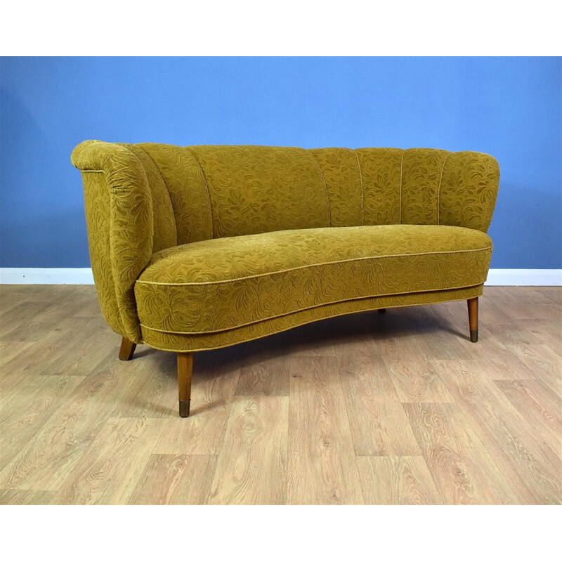 Vintage danish 2-seat Banana sofa in yellow velvet and beechwood 1940