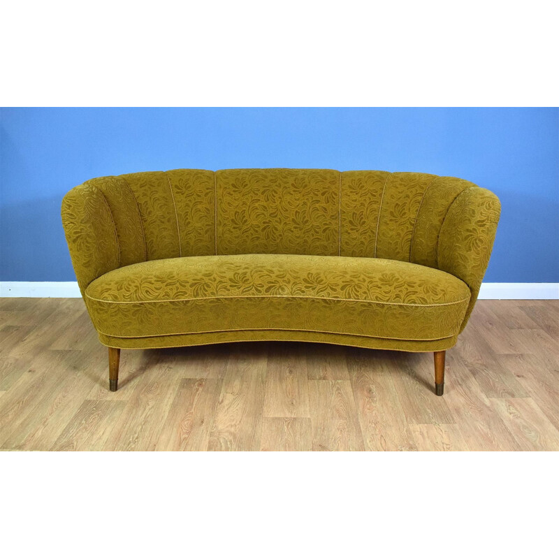 Vintage danish 2-seat Banana sofa in yellow velvet and beechwood 1940