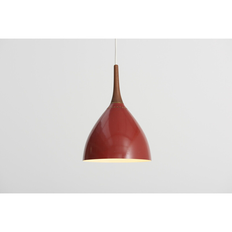 Vintage danish red lamp in teak and metal 1950