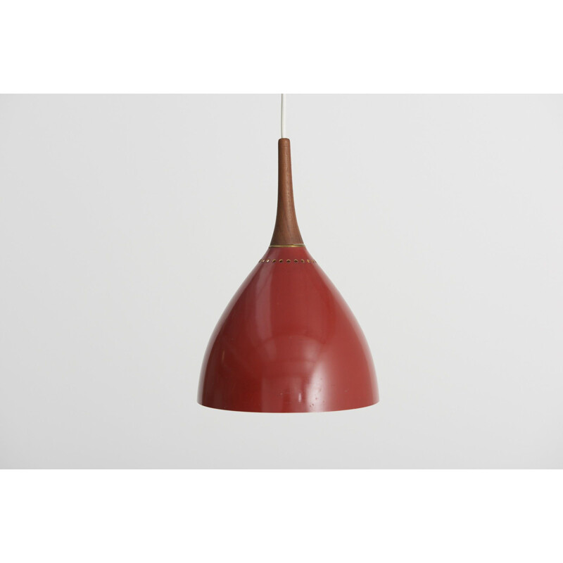 Vintage danish red lamp in teak and metal 1950