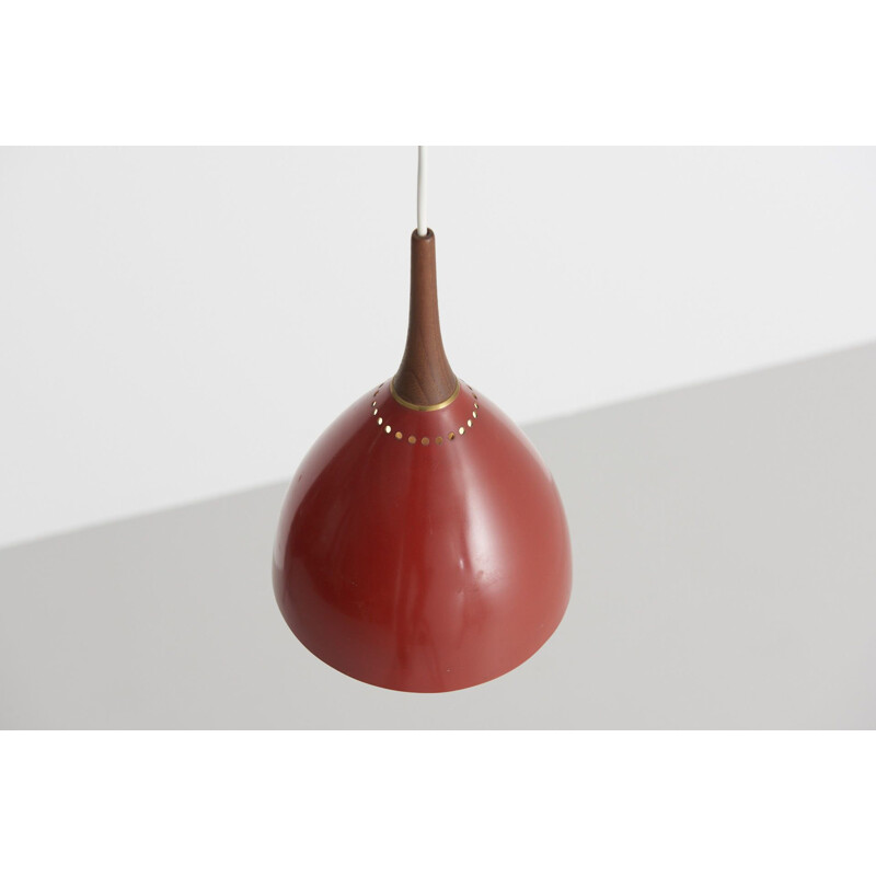 Vintage danish red lamp in teak and metal 1950