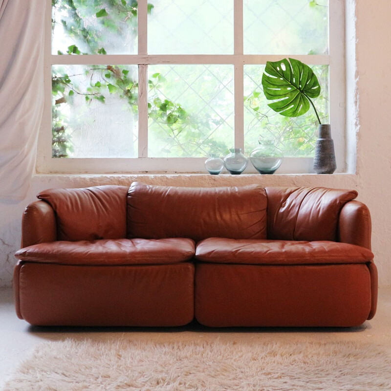 Vintage italian Confidential sofa for Saporiti in steel and brown leather 1970