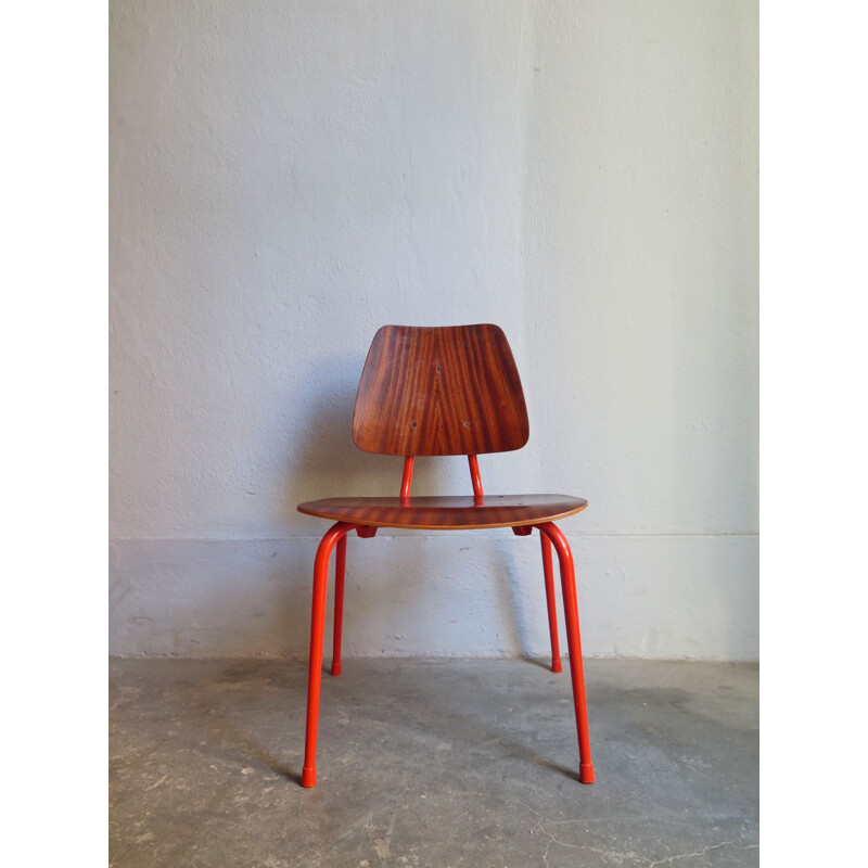 Vintage scandinavian chair in plywood and orange metal 1950