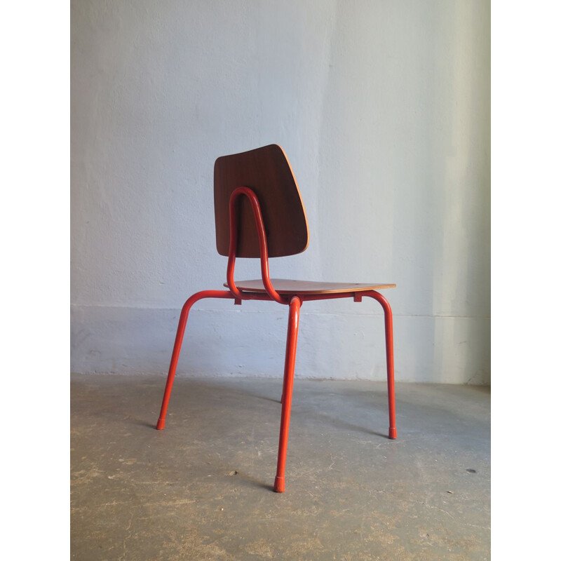 Vintage scandinavian chair in plywood and orange metal 1950