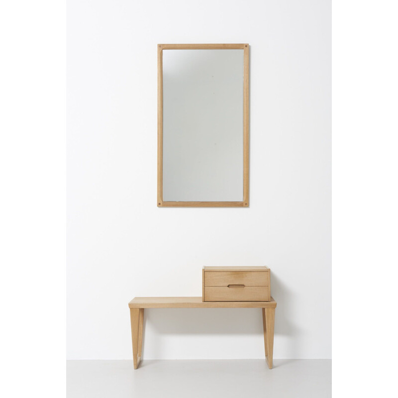 Vintage set of a chest of drawers and a mirror for Aksel Kjersgaard in oakwood