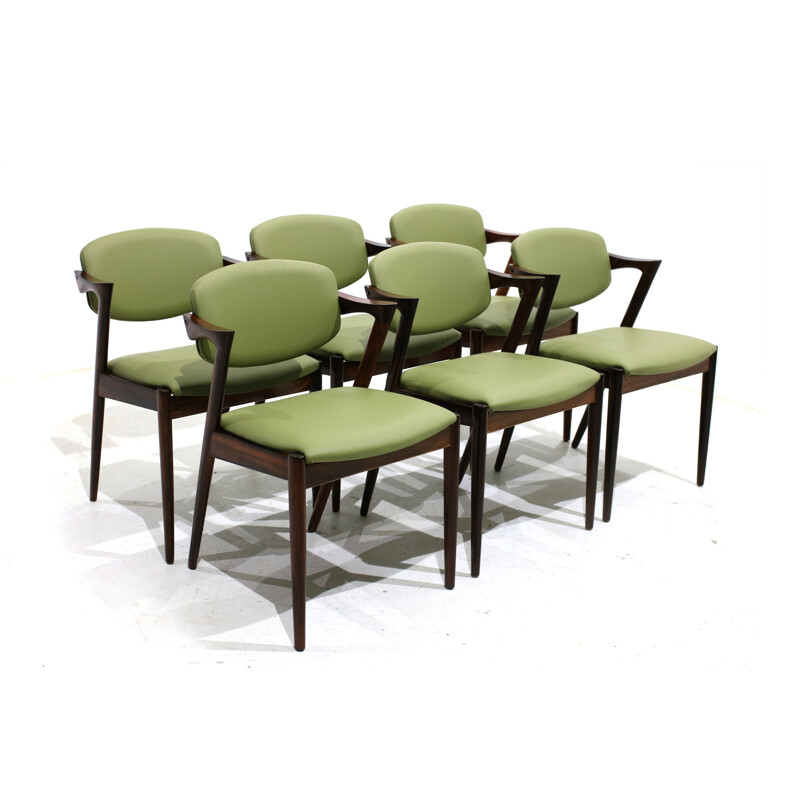 Set of 6 vintage model 42 chairs for Schou Andersen in green leather and rosewood 1960