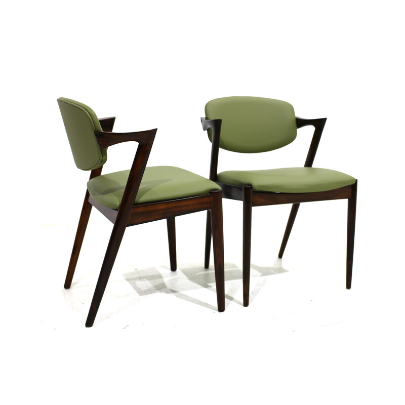 Set of 6 vintage model 42 chairs for Schou Andersen in green leather and rosewood 1960