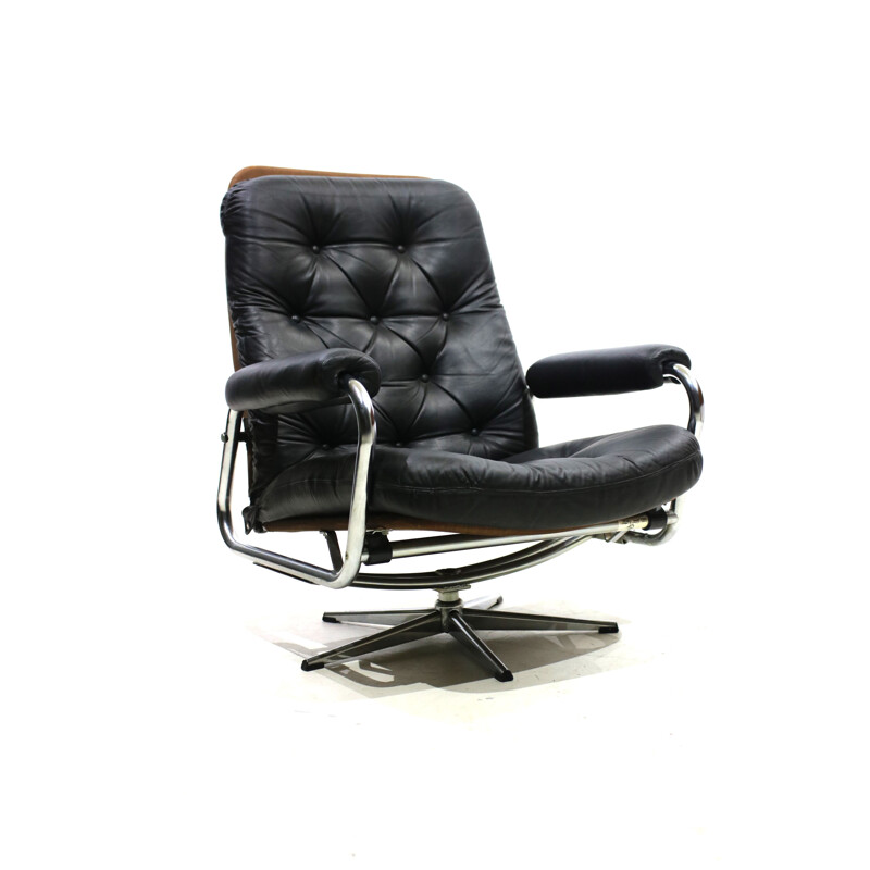 Vintage danish armchair in black leather and metal 1970