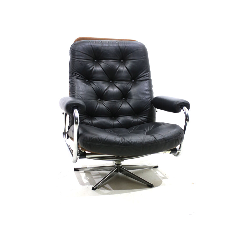 Vintage danish armchair in black leather and metal 1970