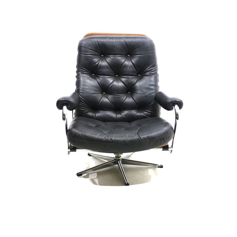 Vintage danish armchair in black leather and metal 1970