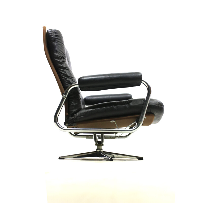 Vintage danish armchair in black leather and metal 1970