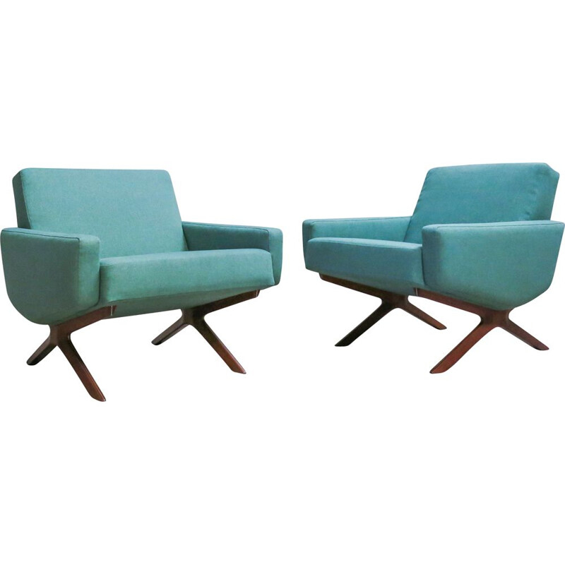 Pair of vintage armchairs for France & Son in teak and green fabric 1960
