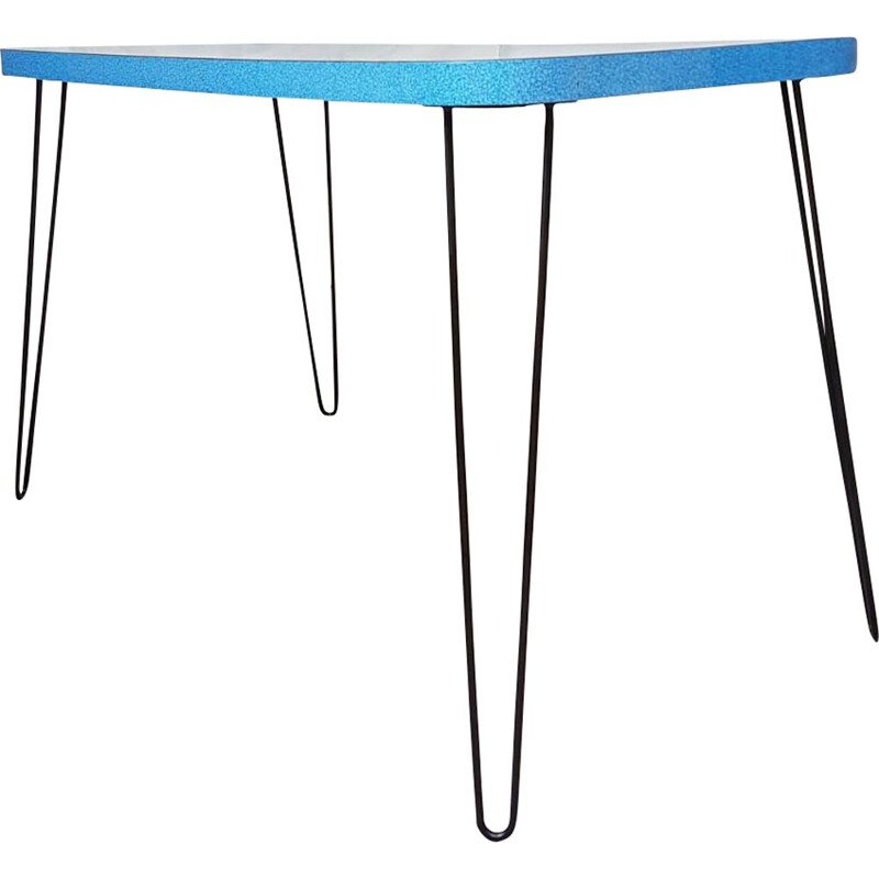 Vintage table in blue formica with hairpin legs 1950