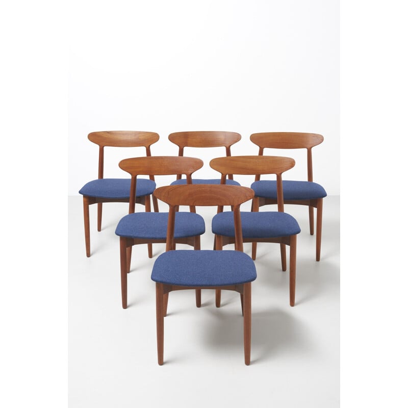 Set of 6 vintage 59 chairs for AS Randers in teakwood and blue fabric 1950