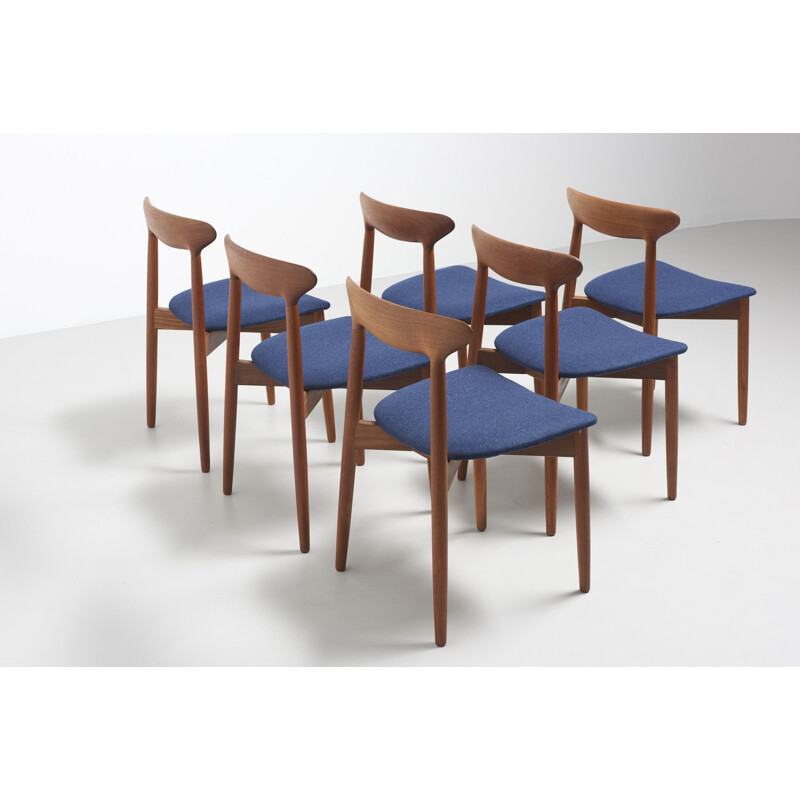 Set of 6 vintage 59 chairs for AS Randers in teakwood and blue fabric 1950