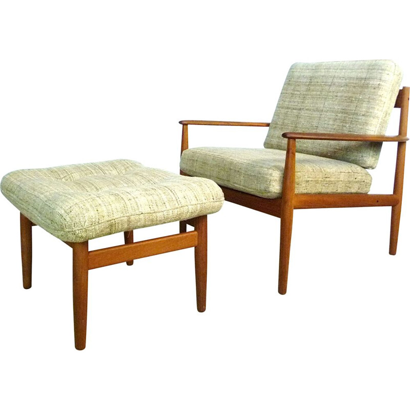 Vintage armchair with its Danish teak & wool footrest by Grete Jalk for Cado,1960