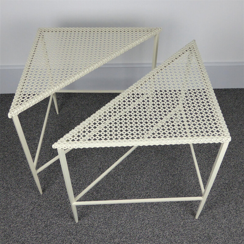 Set of 3 white vintage side tables by Mathieu Matégot 1950s