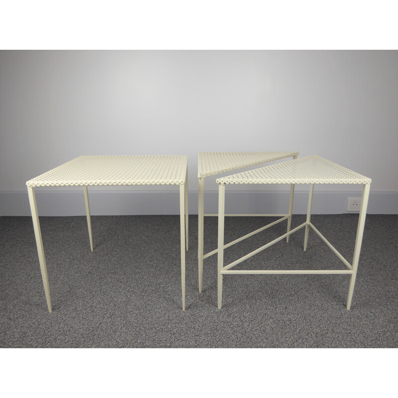 Set of 3 white vintage side tables by Mathieu Matégot 1950s