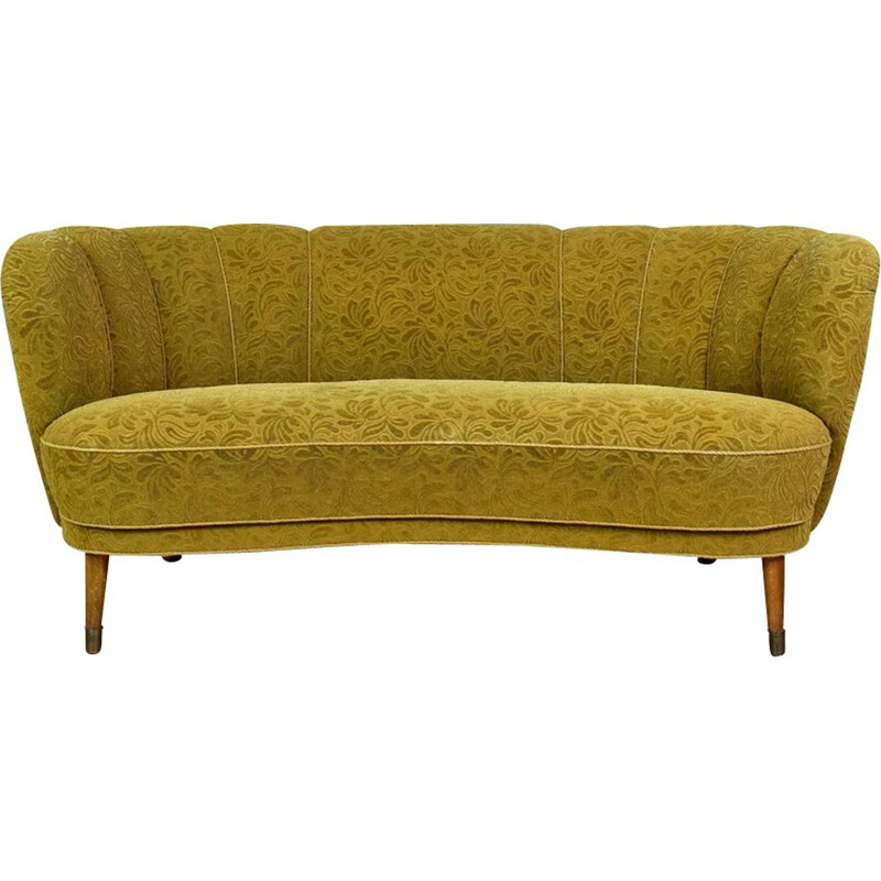 Vintage danish 2-seat Banana sofa in yellow velvet and beechwood 1940