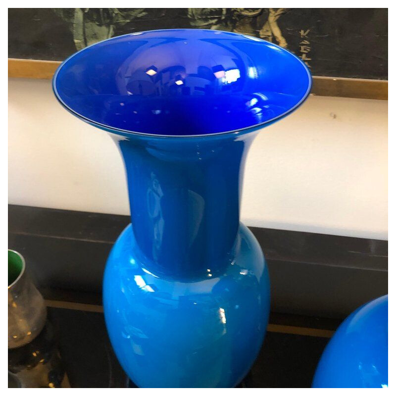 Paire de vases vintage en verre de Murano bleu par Aureliano Toso 