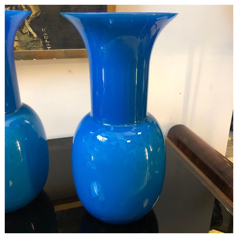 Paire de vases vintage en verre de Murano bleu par Aureliano Toso 