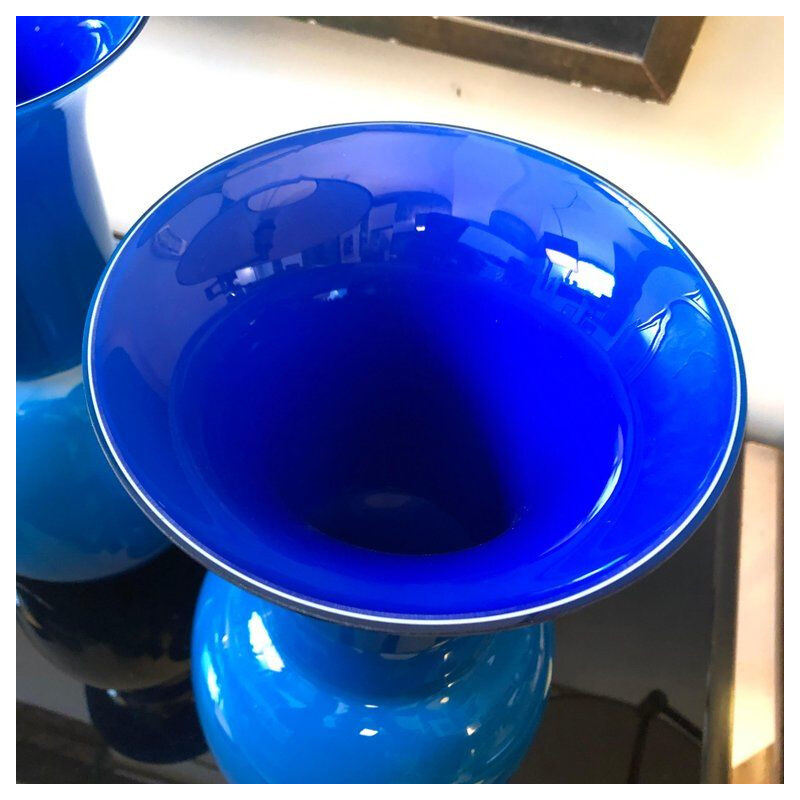 Paire de vases vintage en verre de Murano bleu par Aureliano Toso 