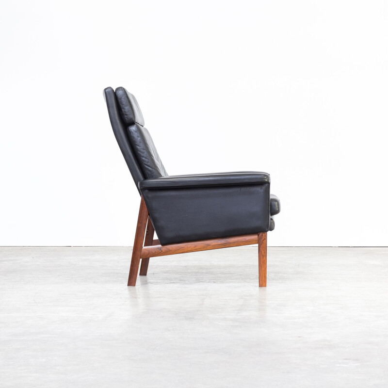 Fauteuil vintage Jupiter pour France & Søn en cuir noir et bois 1960