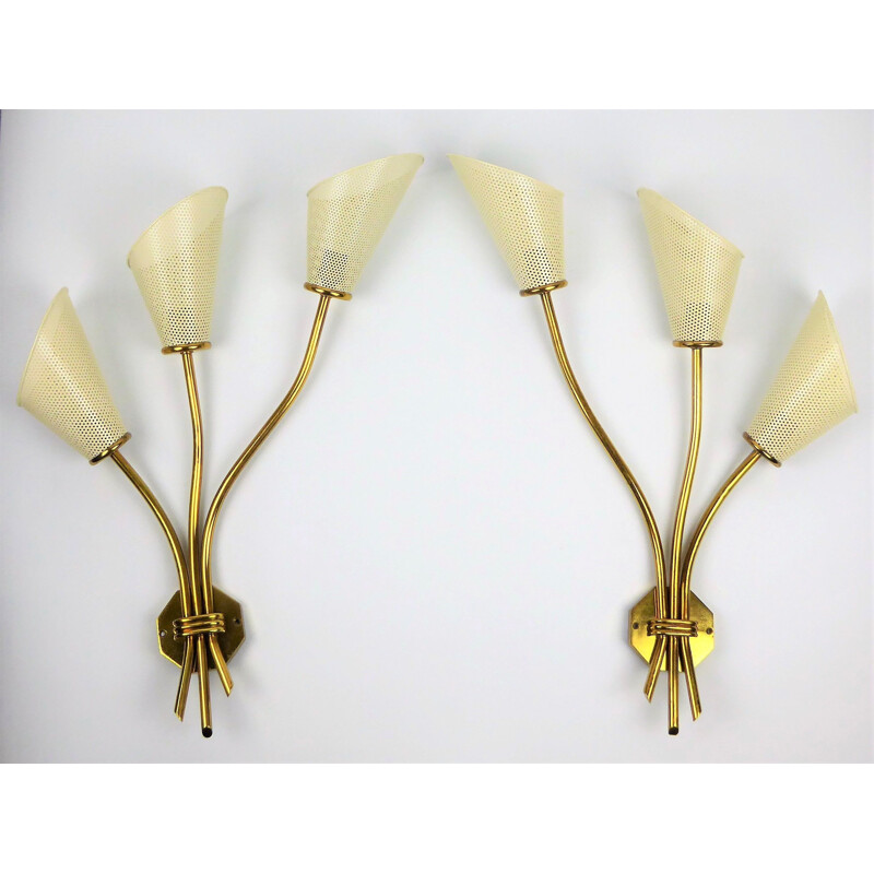 Pair of vintage sconces by Kobis & Lorence in white metal and brass 1950