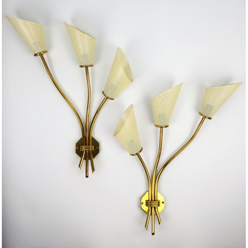 Pair of vintage sconces by Kobis & Lorence in white metal and brass 1950