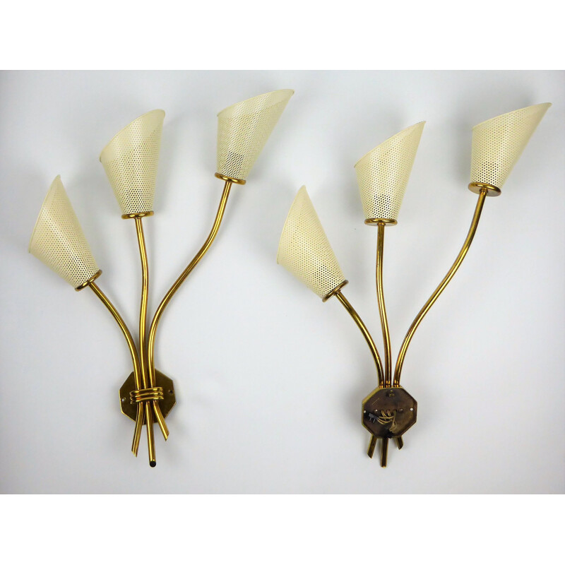 Pair of vintage sconces by Kobis & Lorence in white metal and brass 1950