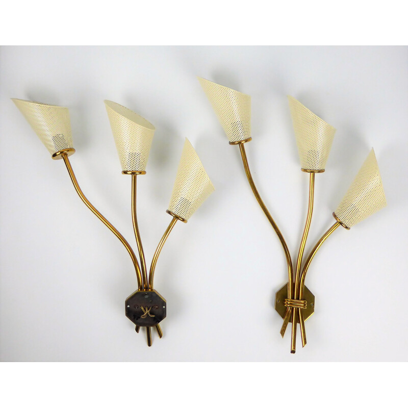 Pair of vintage sconces by Kobis & Lorence in white metal and brass 1950