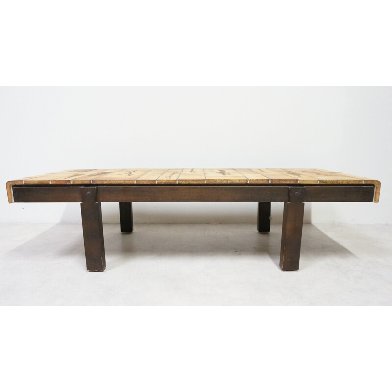 Table basse vintage française de Roger Capron en bois et céramique 1970