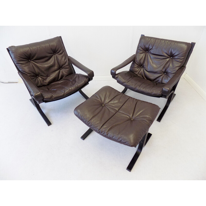 Set of 2 vintage armchairs and 1 feet stool by Ingmar Relling 1960