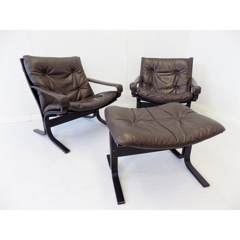 Set of 2 vintage armchairs and 1 feet stool by Ingmar Relling 1960