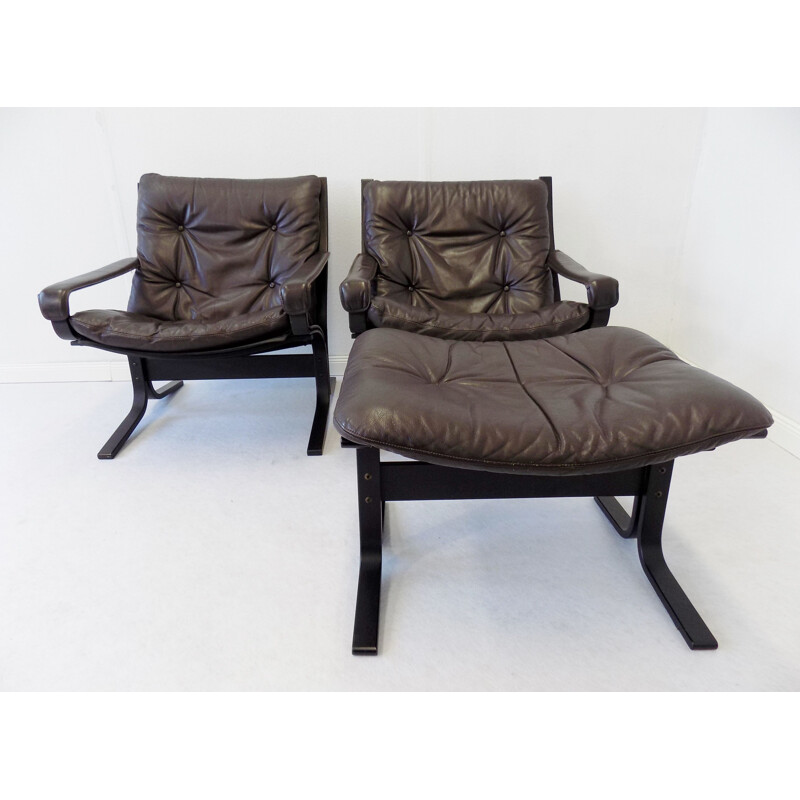 Set of 2 vintage armchairs and 1 feet stool by Ingmar Relling 1960