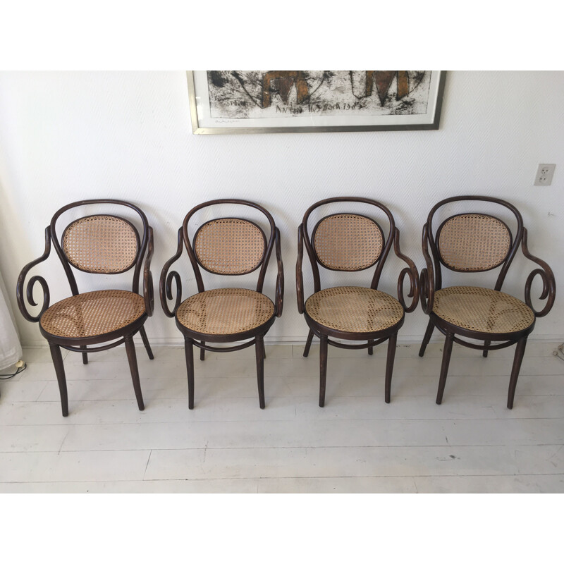 Ensemble de 4 chaises vintage pour ZPM Radomsko en bois courbé et rotin